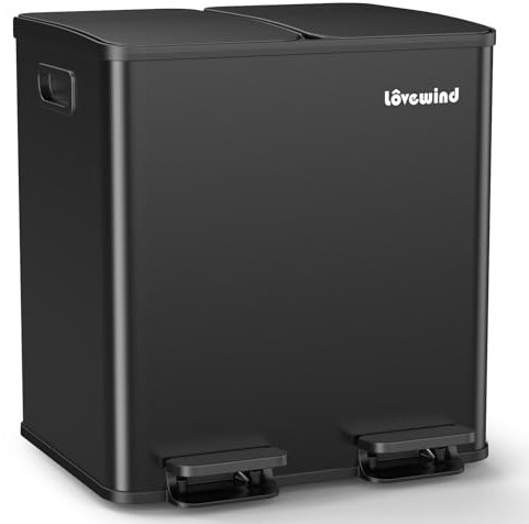 Lovewind Mülleimer, 2 x 15L Mülleimer Küche, Doppeleimer für Recycling und Abfall, Schwarz, Mülleimer aus Edelstahl mit Deckel und Inneneimern, Großes Fassungsvermögen, Deckel mit Soft-Close-Funktion
