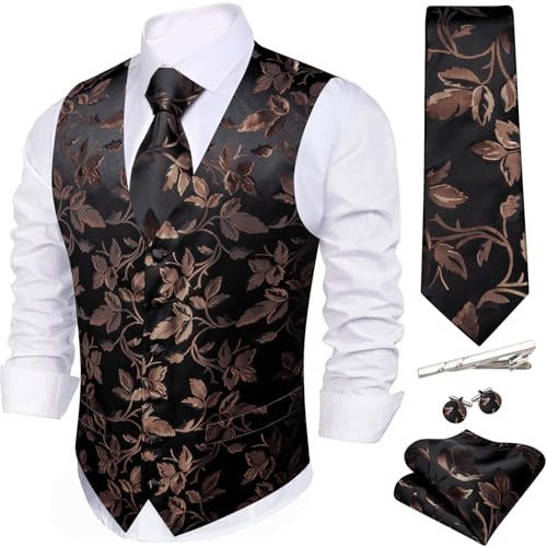 Barry.Wang Formal Men Flower Vest Black Brown Flower Paisley Jacquard Silk Ties Suit Waistcoat Set Wedding 5PCS