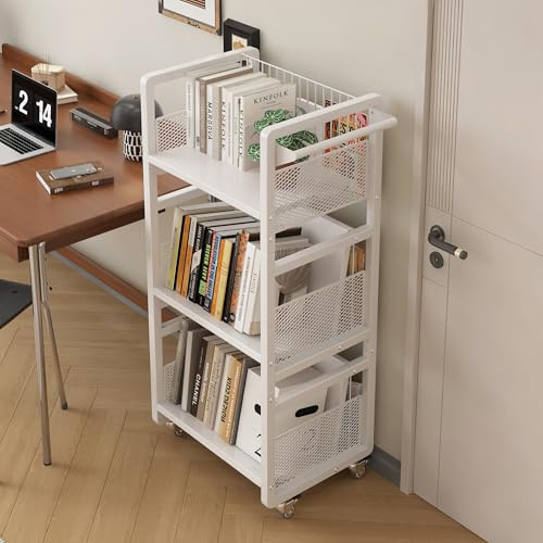 Chariot Livre Bibliothèque, Étagère à Roulettes, Capacité de Charge de 70 kg, 3 Étagères Mobiles en Métal Bibliothèque pour Salon, Chambre, Bureau, Bibliothèque avec 3 Serre-livres Magnétiques Blanc