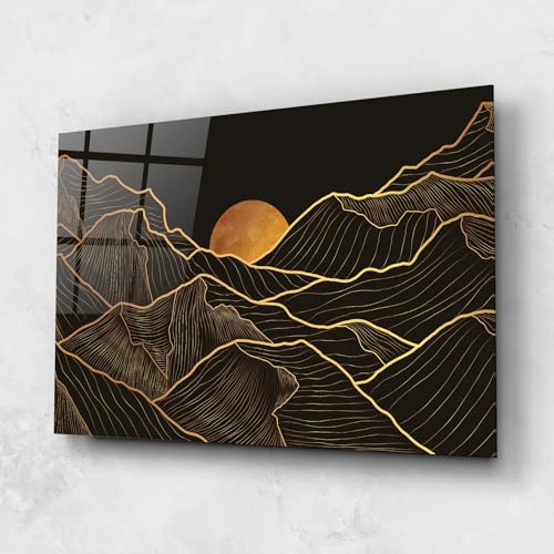 ARTHUB® Moderne impression sur verre 60x100 cm, 4mm verre trempé | Tableau en verre salon et chambre, Décoration murale moderne, Décoration intérieure, paysages, Black Gold Mountains
