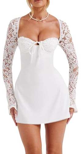 Kouoybt Women Lace Long Sleeve Mini Dress Sexy Bodycon Dress Low Cut Back Tie Backless Cocktail A-line Dresses (A-White, M)