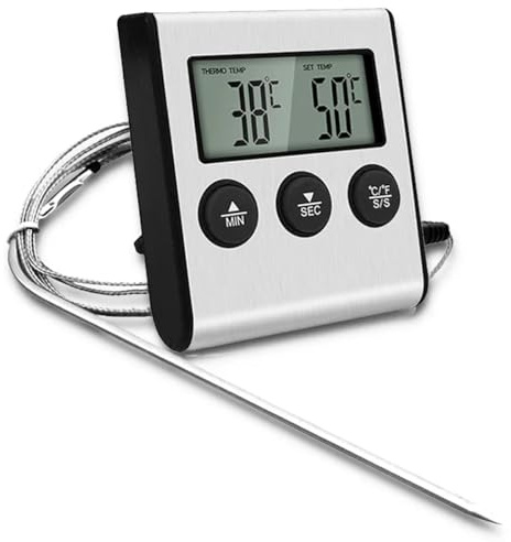 Greluma 1 Pieza Termómetro digital LCD grande para cocinar alimentos y carne, para ahumadores, hornos, cocinas, barbacoas, parrillas, reloj con temporizador y sonda de temperatura de acero inoxidable