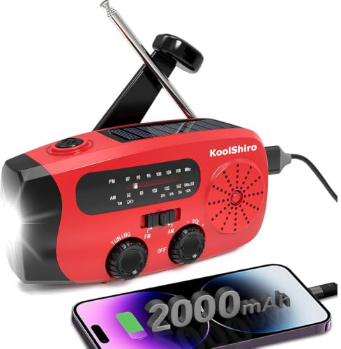 Wind Up Solar Radio, Emergency Portable Hand Crank Radio with LED Torch, AM/FM, Phone Charger, 2000mAh Solar and Hand-Crank Charging, SOS Alarm for Camping Hiking (Red)