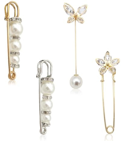 COYUN 4 Pezzi Di Spille Da Donna Da Balia, Spilla con Perle Artificiali,Senza Cucire Pantaloni Vita Maglione Scialle Cappello Clip Lapel Pin, Spilla di sicurezza per Maglione Abito Camicia