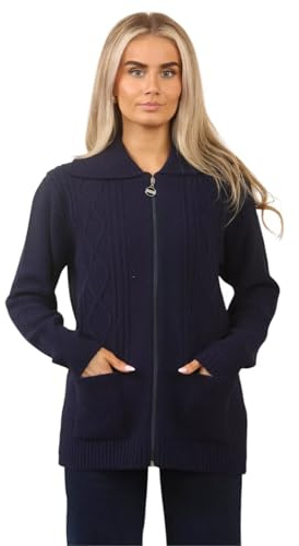 Women’s Zip Up Cable Knit Cardigan – Chunky Knit Jumper with Pockets | Soft Warm Ladies Winter Zip Through Sweater | Long Sleeve Collared Knitwear Jacket for Autumn & Casual Wear Navy L/XL