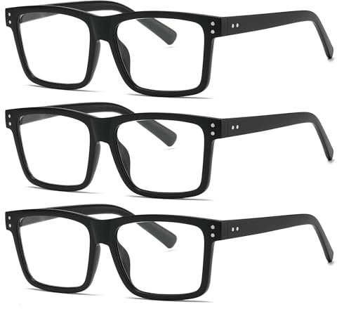 Fsread 3-pack överdimensionerade läsglasögon för män med blåljusfilter, TR90 rektangulär ram, datorläsglasögon med fjädergångjärn, 3 svart, Large