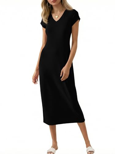 Wenrine Robe midi à manches courtes pour femme, col en V, robe longue, couleur unie, t-shirt