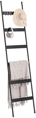 6 Tier Towel Ladder with Wood Grain Accents, Metal Leaning Towel Rack | 185cm/6ft Rustic Throw Ladder, Industrial Shabby Chic Decorative Rack for Bathroom & Living Room, Black 1 Pack