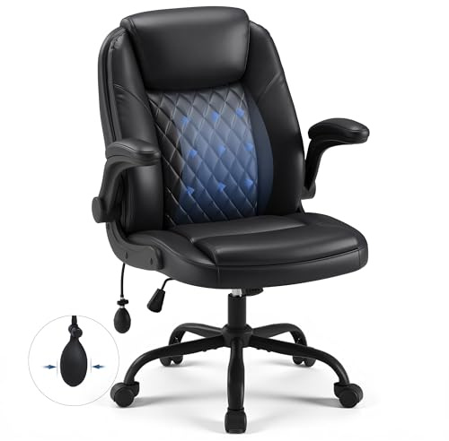 Ergonomic Office Chair with Adjustable Lumbar Support, PU Leather Computer Chair 136KG, Desk Chair for Home Office with Padded Flip-up Arm, Adjustable Height and Tilt Lock, Black