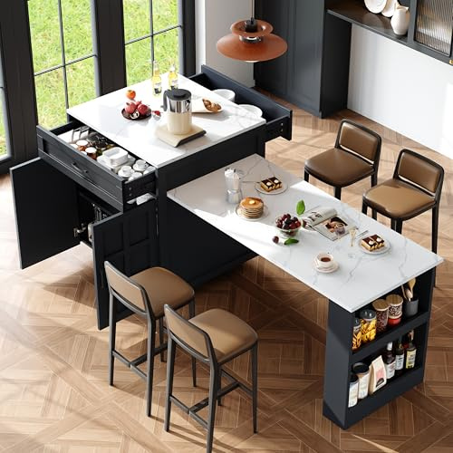 Tavolo da bar allungabile 133-202 cm, isola cucina con tavolo e vano portaoggetti, penisola cucina con sgabelli, 2 cassetti + 4 scomparti, ripiani laterali, angolo bar per casa, nero