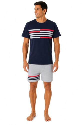 GX GARGIX Pigiama Uomo Estivo Mezza Manica con Pantaloncino, Completo Corto Leggero e Traspirante, 100% Cotone Morbido, Vari Colori e Taglie (IT, Testo, L, Regular, Regular, GX/489 Navy)