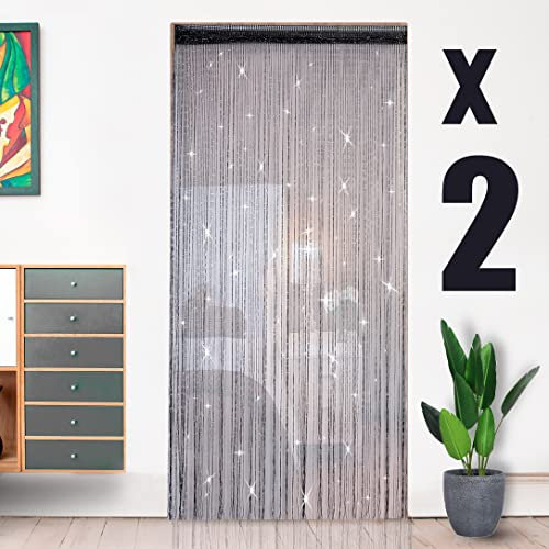 HYSENM 2 Pack Door Curtains 100 x 200cm Fly Screens for Doors, Beaded String Curtain for Doors, Door Fly Screen Curtain for Doorways - Black