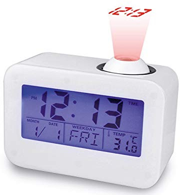 Ravencourt Living Talking Projector Alarm Clock, LCD Time, Date and Temperature Display, Five Kinds of Alarm Sound, 12 or 24 Hour Clock, Battery Operated (3xAA), Size 130mm x 95mm x 62mm