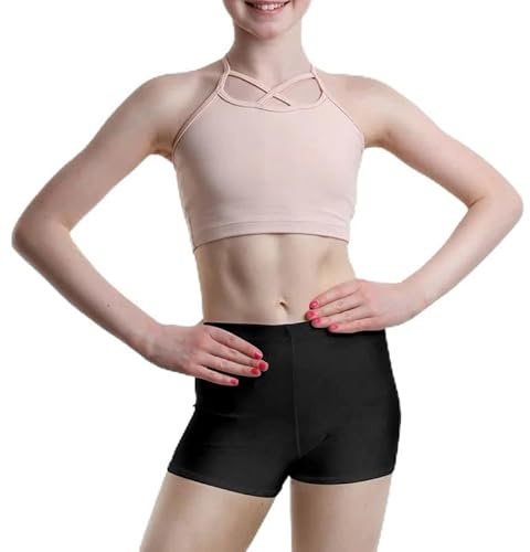 BODYWEAR LTD - Short en nylon brillant pour fille - Taille haute - Uni - Extensible - Coupe confortable - Parfait pour le yoga, le ballet, la gymnastique, l'école, les vêtements de sport, Noir , 11-12