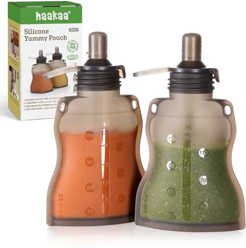 Haakaa Silicona Sacos de alimentos para bebés - Bolsas reutilizables para alimentos para bebés a presión,Gris, paquete de 2