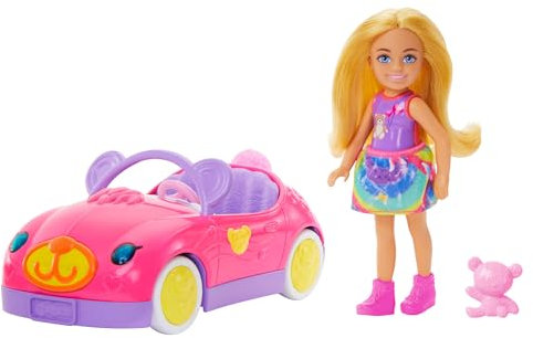 Barbie Chelsea-Puppe und Spielzeugauto-Set mit Cabrio im Bären-Design und Teddybär, Blonde kleine Puppe mit abnehmbarem Rock und Schuhen, HXN05