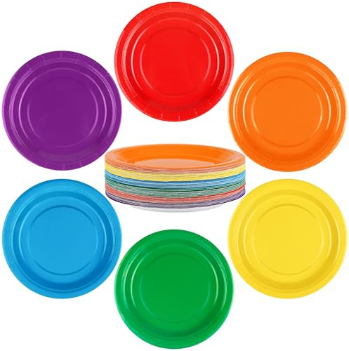 Breroa 72 Pcs Rainbow Paper Plates 7 Inch Bulk Rainbow Plates Disposable