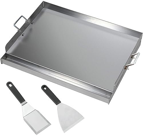 FINEUNAN Plancha de Acero Inoxidable | 40 x 30 x 8 cm | Universal para Barbacoa Weber de Gas y Carbón | Incluye Espátula de Barbacoa y Juego de Rascador