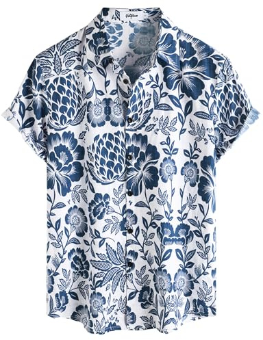 VATPAVE Mens Hawaiian Shirt Short Sleeve Button Down Shirts S Cyan
