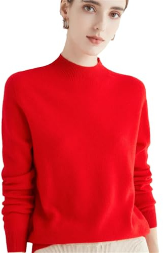 Maglione da donna lavorato a maglia con collo a lupetto a maniche lunghe, maglione basic 100% lana merino, Rosso, M