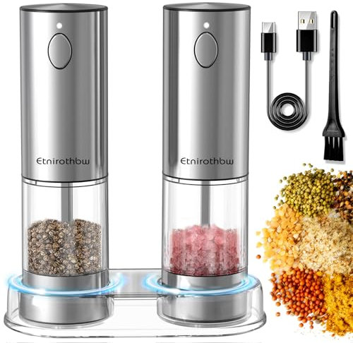 Etnirothbw Elektrisches Salz- und Pfeffermühlen-Set mit 2 automatischen Edelstahl-Pfeffermühlen, wiederaufladbar, 5 einstellbaren Mahlgraden, 95-ml Behälter, einer Lagerbasis, LED-Licht, Typ-C-Ladung