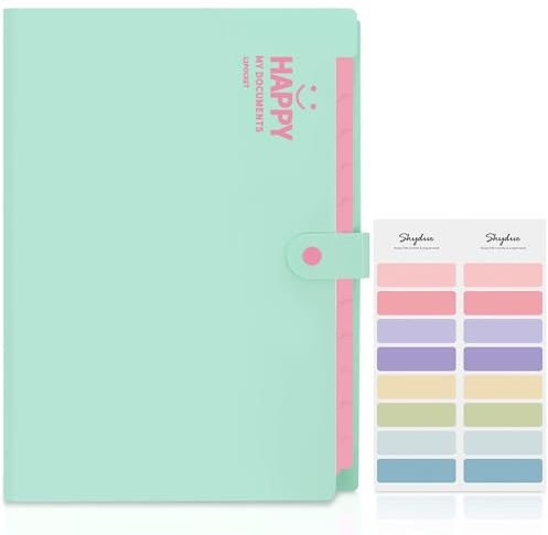 SKYDUE 12 Fächer Dokumentenmappe A4, Erweiterbares Fächermappe, Ordner Für Wichtige Dokumente, Ordnungsmappe A4 Mit Etiketten, Folder Geeignet Für Arbeit, Schule, Zuhause Und Büro(Hellgrün)