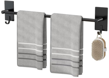 Porte Serviette sans Percage 60 cm, Acier Inoxydable Noir Mat avec 2 Crochets - Barre Mural pour Salle de Bain, Cuisine, Buanderie - Idéal pour Serviettes, Torchons et Accessoires