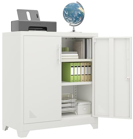 DWVO Office Storage Cabinet, Metal Office Storage Cupboard with 2 Adjustable Shelves, Lockable Filing Cabinets with Ventilation Holes for Home Office Garage Gym School, 80 x 40 x 90cm, White