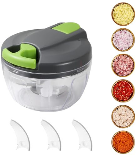 FHISKUNYU Tritatutto Manuale - ​Tagliaverdure Manuale ​con 3 Lame Curve in Acciaio Inossidabile, ​Trita Verdure Manuale ​Multifunzione per Carne, Erbe & Verdure - Capienza 520 ml, Senza Elettricità