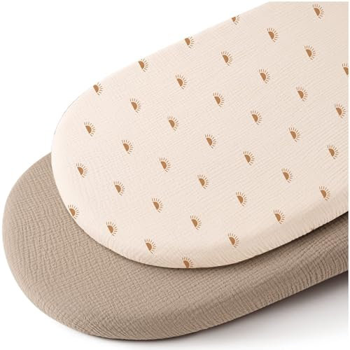 Musselin-Baumwolle Spannbettlaken 80x40cm, Kinderwagen & Stubenwagen Matratzenbezug, 2er Pack für Moseskorb & Babybett (Aprikose + Sonne)