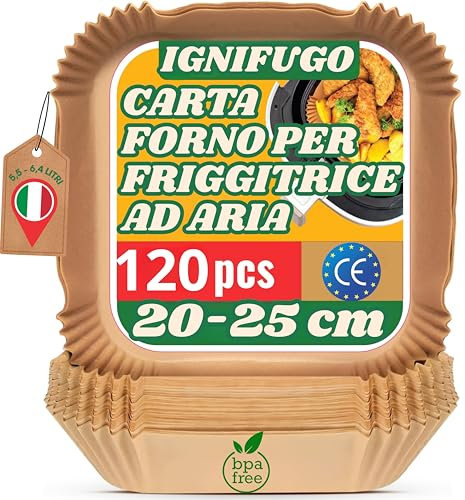 Carta Forno per friggitrice ad aria Quadrata BPA Free 20-25cm | Carta Quadrata in Teglia (20-25cm) per gli accessori della friggitrice ad aria. (120 Quadrata)