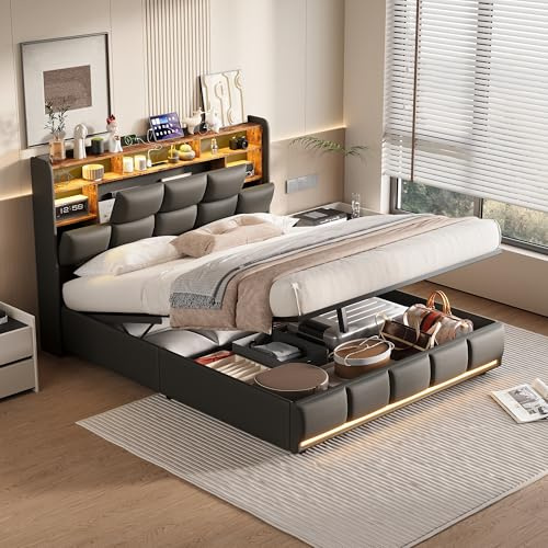 BHFFTHK Cama tapizada de matrimonio 160x200, cama hidráulica con espacio de almacenamiento LED y somier & cajón, cama 160x200 con cabecera LED y USB, estructura de cama juvenil, cuero PU en negro, sin