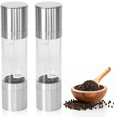Juego de 2 Molinillos de Sal y Pimienta, Juego de Molinillos de Pimienta Manuales para Cocina, Molinillo de Especias de Acero Inoxidable, Ajustable Pimentero o Especiero, Molinos Manuales