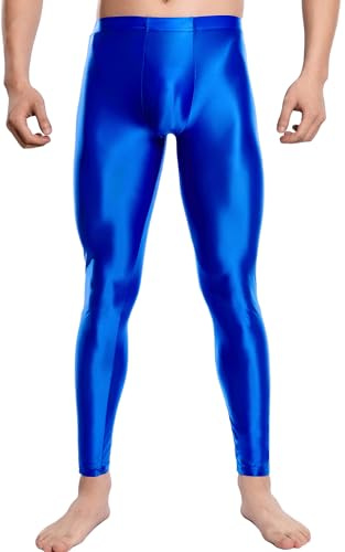 FEOYA Leggings da uomo Glossy, collant oleosi, lucidi, per sport, taglie forti, taglia M, L, XL, XXL, Blu, M