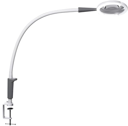 Daylight Magnificent Pro™ On Clamp LED Magnifying Lamp – 2-in-1 Magnifier & Task Lamp, 5,500 Lux at 15cm, 1.75X Lens, 3 Brightness Levels, Flexible Arm, 95+ CRI, Easy Twist Head – White/Grey