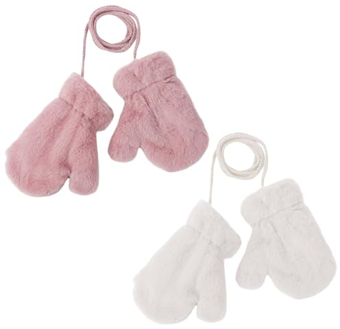 Fjquamitix 2 pares de manoplas para bebé con cuerda para niños, cálidas, gruesas, térmicas con forro de pelo para colgar en el cuello, mitones antipérdida, manoplas para niños pequeños, edad 2 – 6