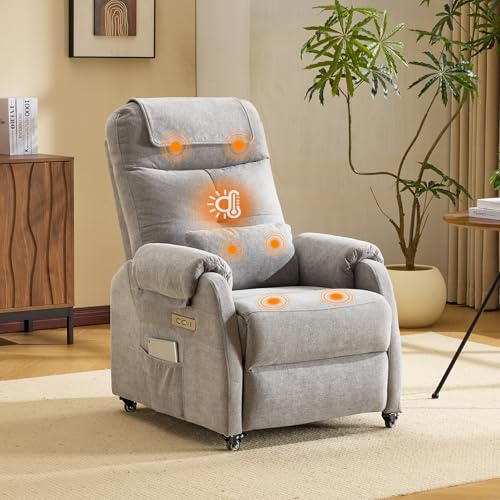 Bonnlo Fauteuil Massant, Fauteuil de Relaxation avec 6 Points de Massage et Chauffage, Dossier et Repose-Pieds Réglable Automatiquement, Équipé d'un Appui-tête et Un Coussin, Gris Clair, Tissu