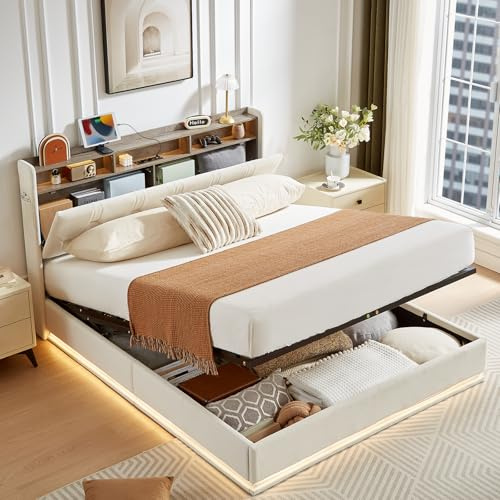 Artswish Lit Coffre 140x200cm à LED, Lit Hydraulique Double avec Tête De avec Rangement Dissimulé Et Étagères Ouvertes Cadre De Rembourré avec Lattes en Bois, Beige (sans Matelas)