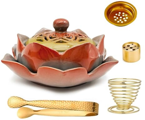 Ceramic Lotus Burner for Burning Coil/Cone/Stick Incense, Sage, Palo Santo Sticks, Charcoal, Sambrani Dhoop, Frankincense (Pink)