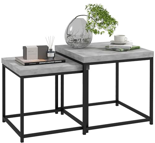 HOMCOM Coffee Table Set of 2, Square Nest of Tables with 3.5cm Thick Tabletop and Steel Frame, Modern Side Tables for Living Room, Grey
