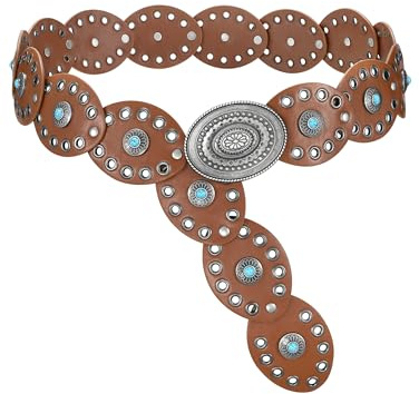 WERFORU Western Concho bälte damer brett midjebälte med turkos | Dekorerad i boho-look, av högkvalitativt PU-läder, perfekt för festival, countrykläder och dagliga kombinationer