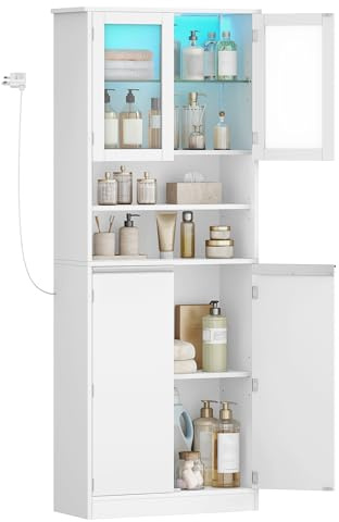 Hzuaneri Kitchen Pantry Cupboard with LED lighting, Countertop, White | Sideboard Storage Cabinet with Adjustable Shelves, Tall Kitchen Cabinet with Open Compartments for Dining Room, SC40003XUK