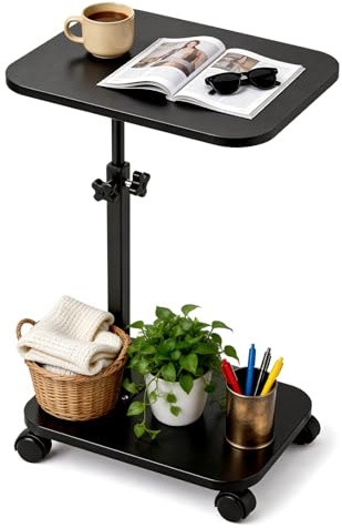 Side Table with Wheels, C-Shape Sofa Desk Height Adjustable Swivel Sofa Table 360° Rotating Tray Space-Saving Coffee Snack and Bed End Table for Living Room Bedroom Bedside Couch (Black)