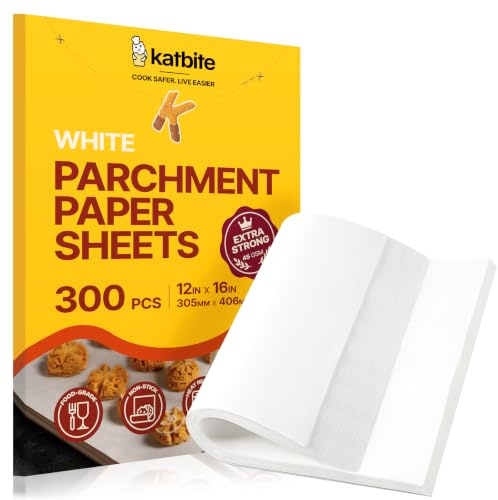 Katbite 300 PCS Baking Paper Parchment Paper Sheets 30x40 cm White | Heavy duty precut baking paper sheets. Non stick extra strong. Ideal for air fryer, baking & cookie pans