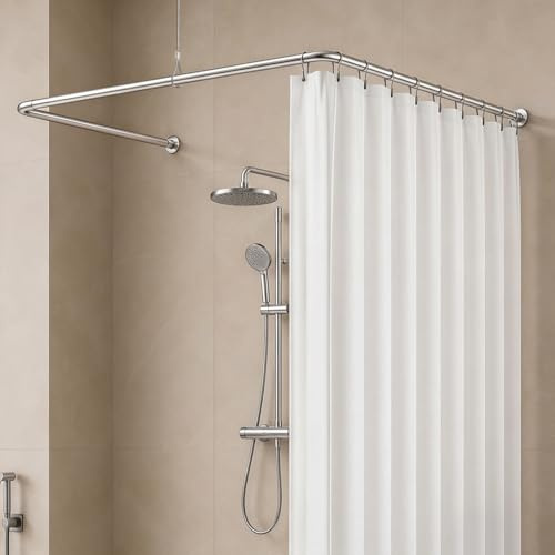 Barra de cortina de ducha en forma de U/L, barra de ducha ajustable de acero inoxidable para bañera/baño, soporte para cortina de ducha con soporte de techo, requiere montaje de taladros (plata)