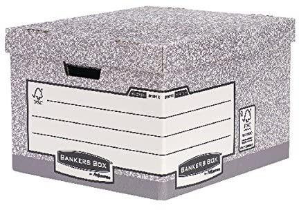 BANKERS BOX 10 System Heavy Duty Large Storage Box with Lids - Cardboard Storage Box with Lids for Office Storage - Archive Boxes with Handles - W38 x H28.7 x D43cm (Pack of 10) - Grey