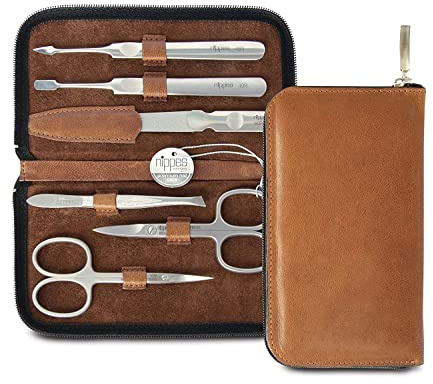 nippes Solingen Premium Line Maniküre Set Whiskey, 6-teilig, Edelstahl rost- und nickelfrei, Rindsleder-Etui mit Reißverschluss, Braun, Nagelset, Nagelpflege Set, Made in Germany