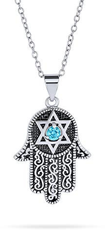 Bling Jewelry Hanukkah Judaica Magen Hamsa Hand Gottes Davidstern Anhänger Halskette Blau Cubic Zirkonia CZ für Frauen Schwarz oxidiert Silber plattiert