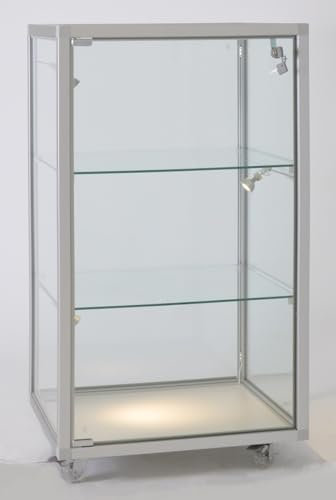 MHN Halbhohe Glasvitrine T 41,5 x B 51,5 x H 95 cm - schmale Thekenvitrine Glas abschließbar - Flache Alu-Glas Verkaufsvitrine - ohne Beleuchtung