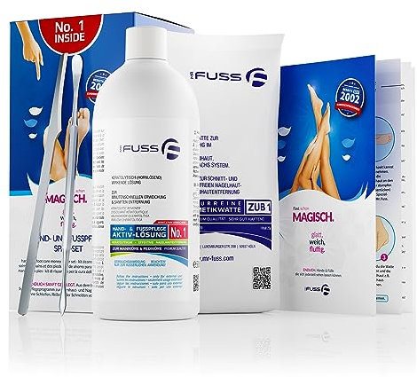 Mr. Fuss® No. 1 - Plus Pack Complete - Groß, Nagelhaut- Hornhautentferner Sparpaket 4 tlg. Aktiv-Lösung Schnell & Stark erweichend - 500 ml, Watte, Besteck-Set